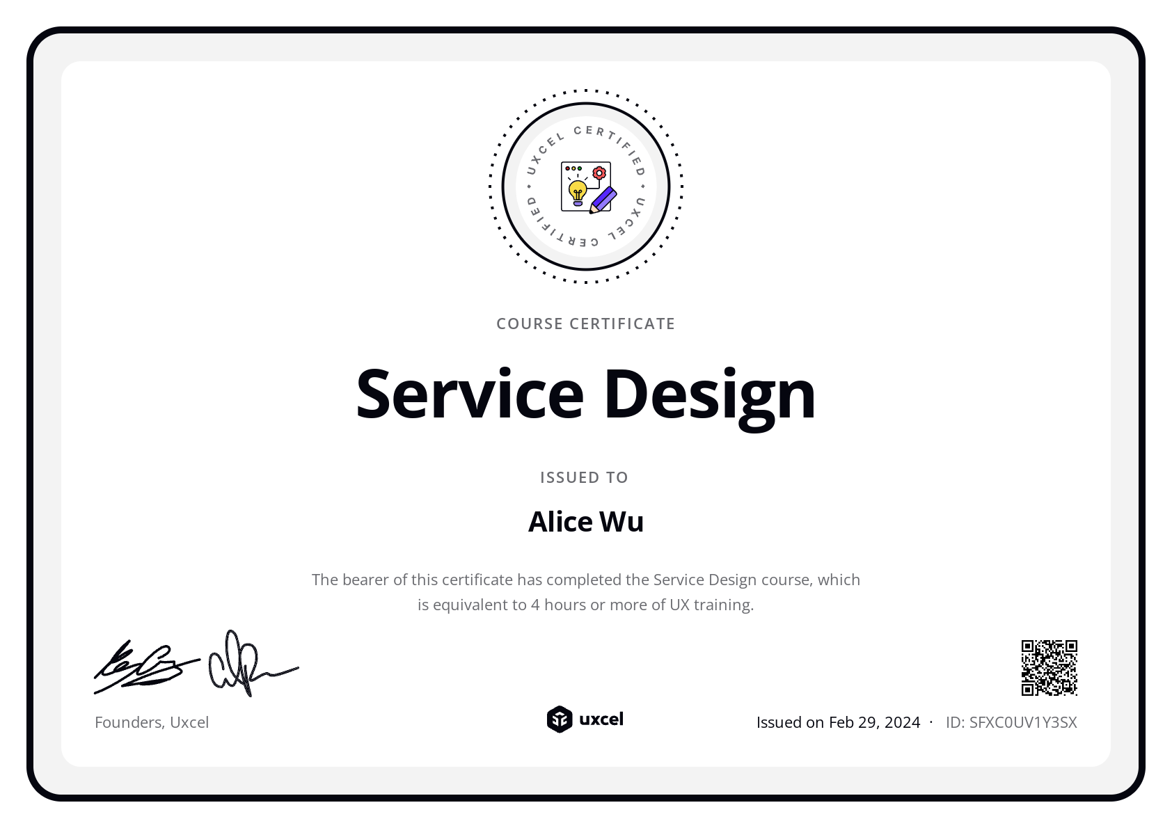 Alice Wu's certificate